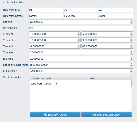 Figure 12: Sample values used to define the simulation setup.