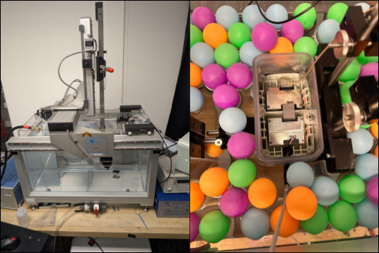 Figure 1: Onda AIMS III water tank setup (left) and the 2× transducer configuration partially submerged, top-down, in the tank (right).