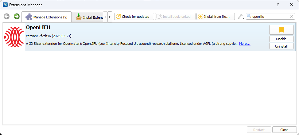 3D Slicer Extensions Manager showing the OpenLIFU extension entry, with the Openwater logo, the description "A 3D Slicer extension for Openwater's OpenLIFU (Low Intensity Focused Ultrasound) research platform. Licensed under AGPL," and an Uninstall button.