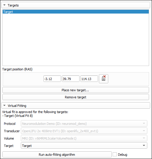 Pre-planning module: a Targets list showing one Target highlighted; Target position (RAS) values -3.12, 39.79, 114.13 with a delete button; Place new target and Remove target buttons; a Virtual Fitting section showing "Virtual fit is approved for the following targets: Target (Virtual Fit 8)" and dropdowns for Protocol (Neuromodulation Demo), Transducer (OpenLIFU 2x 400 kHz EVT1), Volume (MRI), and Target with a Run auto-fitting algorithm button.
