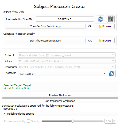 Subject Photoscan Creator module with a session active: Photocollection Scan ID 5FSWC245 with a refresh button and QR code; Transfer from Android App or Browse buttons; Generate Photoscan Locally section with Start Photoscan Generation or Browse buttons; greyed-out Protocol (Neuromodulation Demo), Volume (MRI), Transducer (OpenLIFU 2x 400 kHz EVT1) dropdowns reflecting the active session; Photoscan ID 1568_0; Selected Target: Target; Virtual Fit: Virtual Fit 8; Preview Photoscan and Run transducer localization buttons; "transducer localization is approved for the following photoscans: 83996031_0".