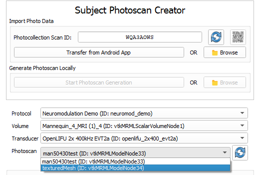 Subject Photoscan Creator module without an active session: Photocollection Scan ID WQA3AOWS with a refresh button and QR code; Transfer from Android App or Browse buttons; greyed-out Generate Photoscan Locally section; selectable dropdowns for Protocol (Neuromodulation Demo), Volume (Mannequin_4_MRI), Transducer (OpenLIFU 2x 400 kHz EVT2a), and Photoscan with a list showing man50430test and texturedMesh options.