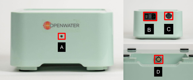 Console rear and side panels with labeled features: A Status LED on the front face, B power switch and receptacle on the rear, C USB-C port, D transducer cable port.
