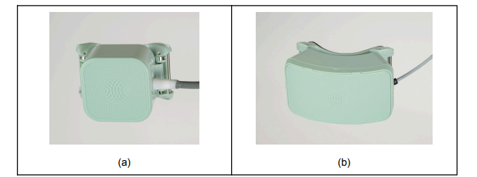 Open-LIFU transducer close-up: a curved faceplate with embossed pattern, soft padded foam frame, and the multipurpose cable exiting toward the subject's left ear.